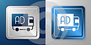 White Advertising on truck icon isolated on blue and grey background. Concept of marketing and promotion process