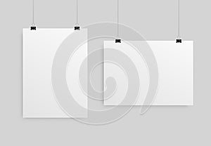 White affiche blank mockup. Clean isolated wallpaper posters and photo canvas, advertising hanging banner for presentation