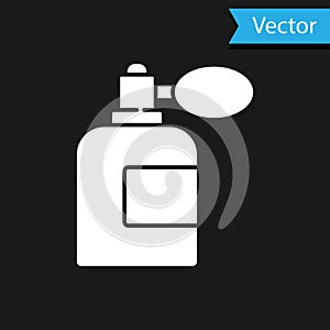 White Aftershave bottle with atomizer icon isolated on black background. Cologne spray icon. Male perfume bottle. Vector