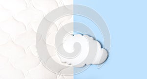 White air cloud on a comfortable mattress texture background and blue background top view. White texture of mattress bedding