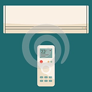 White air conditioner isolated on blue background in vector style. Illustration about electric equipment in house. Temperature