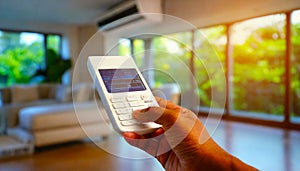 The white air conditioner remote is being used by a human hand to turn on and adjust the air