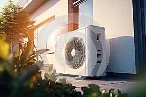 A white air conditioner sitting outside of a building. Can be used to illustrate cooling systems or energy efficiency