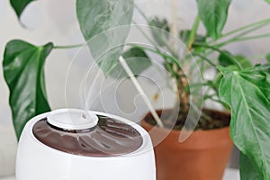 White air humidifier spreading steam. Humidification of dry air.