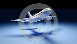 A white airplane in flight casting a shadow on a blue surface.