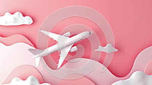 White airplane flying over stylized pink clouds. Minimalistic travel concept. Smooth curvy design for advertising