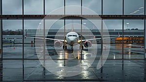 A white airplane is sitting on the tarmac at an airport