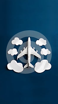 A white airplane soaring through a deep blue sky surrounded by cloud cutouts, evoking travel and freedom