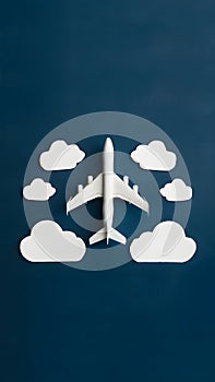 A white airplane soaring through a deep blue sky surrounded by cloud cutouts, evoking travel and freedom