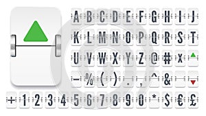 White airport flip board mechanical alphabet for destination or finance information. Terminal scoreboard font for stock