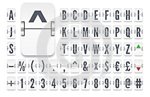 White airport flip board mechanical bold alphabet with numbers for stock exchange rates information. Vector illustration
