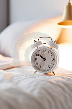 white alarm clock on bedside table in bedroom, woman sleeping on bed in background. AI Generated