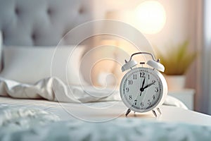 white alarm clock on bedside table in bedroom, woman sleeping on bed in background. AI Generated