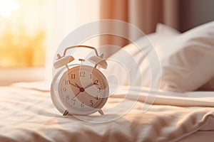 white alarm clock on bedside table in bedroom, woman sleeping on bed in background. AI Generated