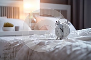 white alarm clock on bedside table in bedroom, woman sleeping on bed in background. AI Generated