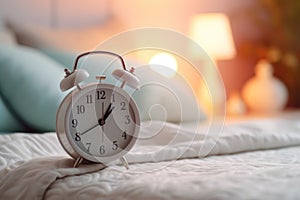 white alarm clock on bedside table in bedroom, woman sleeping on bed in background. AI Generated