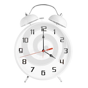 White alarm clock showing four o`clock isolated on white background