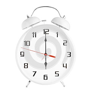 White alarm clock showing six o`clock isolated on white background