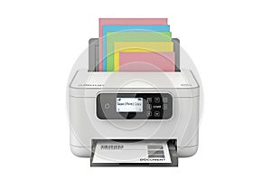 White all in one printer with stack of colorful paper