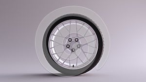 White Alloy Rim Wheel with a Complex Multi Spoke Design with Racing Tyre