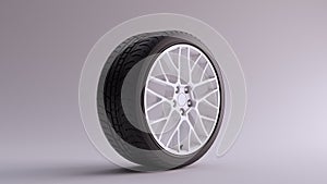 White Alloy Rim Wheel with a Complex Multi Spoke Design with Racing Tyre