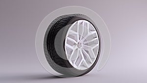 White Alloy Rim Wheel with a Complex Multi Spoke Design with Racing Tyre