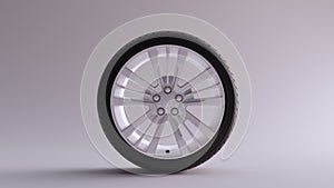 White Alloy Rim Wheel with a Complex Multi Spoke Design with Racing Tyre