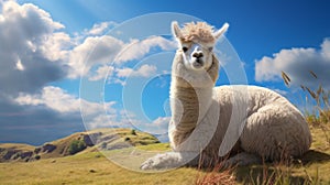 Serenity Of An Alpaca Photorealistic Landscape With Blue Skies photo