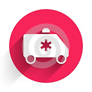 White Ambulance and emergency car icon isolated with long shadow. Ambulance vehicle medical evacuation. Red circle