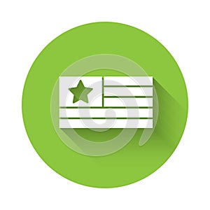 White American flag icon isolated with long shadow. Flag of USA. United States of America. Green circle button. Vector