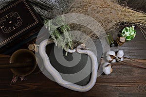White American royal snake on the background of witchcraft accessories, alchemical instruments and ingredients. Mock up of empty