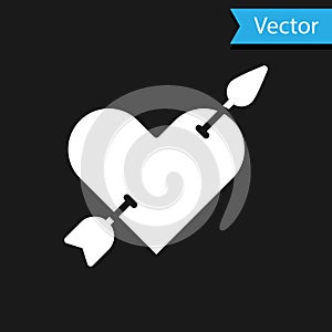 White Amour symbol with heart and arrow icon isolated on black background. Love sign. Valentines symbol. Vector