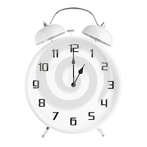 White analog alarm clock showing one pm or 1 am isolated on white background