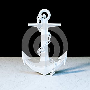 White anchor with chain on marble . 3d render