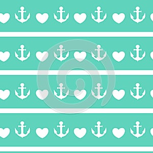 White anchor and heart seamless pattern