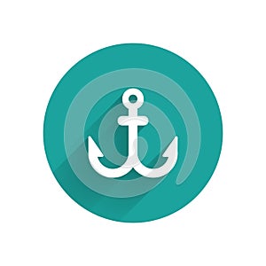 White Anchor icon isolated with long shadow. Green circle button. Vector