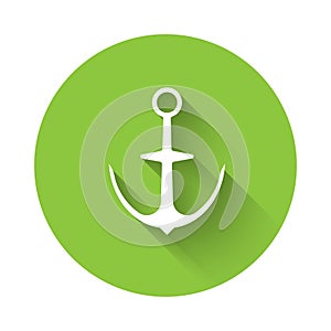 White Anchor icon isolated with long shadow. Green circle button. Vector