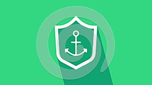 White Anchor inside shield icon isolated on green background. 4K Video motion graphic animation