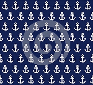 White anchor on navy blue background. Nautical background seamless design.