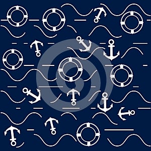 White anchors and lifebuoys on dark background with sea waves.