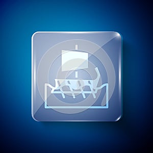 White Ancient Greek trireme icon isolated on blue background. Square glass panels. Vector
