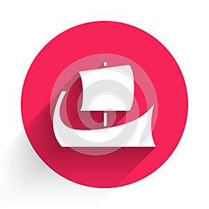 White Ancient Greek trireme icon isolated with long shadow. Red circle button. Vector