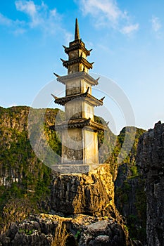 White ancient stupa from the top of Mua Cave mountain, Ninh Binh, Tam Coc, Vietnam