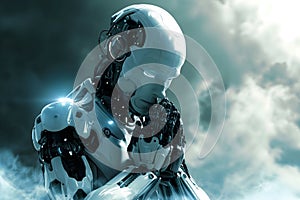 white android praying on the sky cloud background