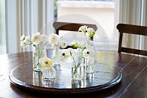 White Anemones and Ranunculus on Dining Room Table