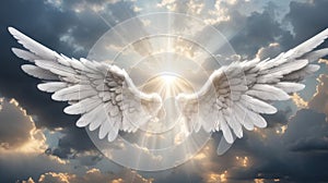 White angel wings with a burst of light and cloudy sky as a backdrop.