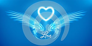 White angel wings and heart on blue background. Glowing fantasy, Valentines day attribute. Inscription love. Happy greeting card
