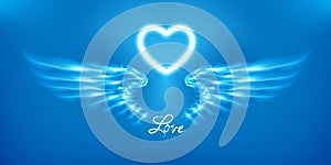 White angel wings and heart on blue background. Glowing fantasy, Valentines day attribute. Inscription love. Happy greeting card