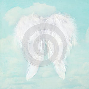 White angel wings on textured sky background