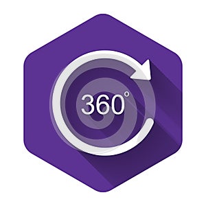 White Angle 360 degrees icon isolated with long shadow. Rotation of 360 degrees. Geometry math symbol. Full rotation